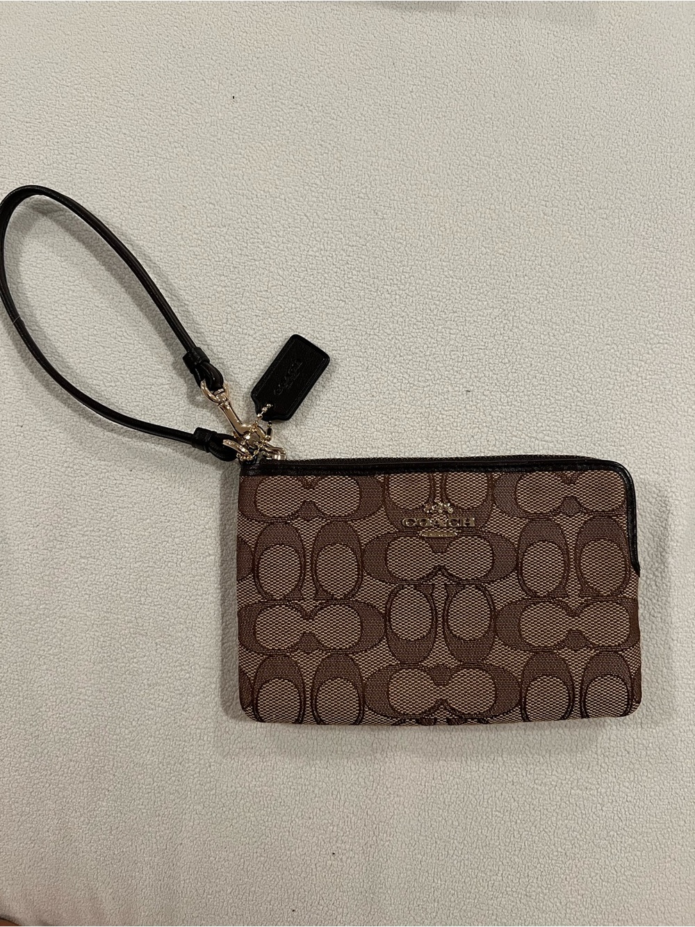 Coach Brown Signature Zip Wristlet with Leather Strap
